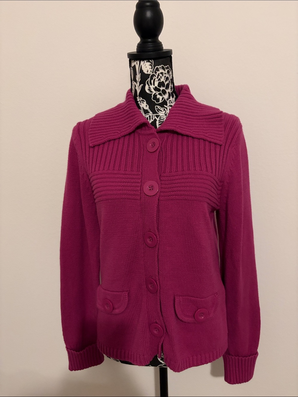 Rafaella Deep Pink Button-Front Ribbed Yoke Cardigan